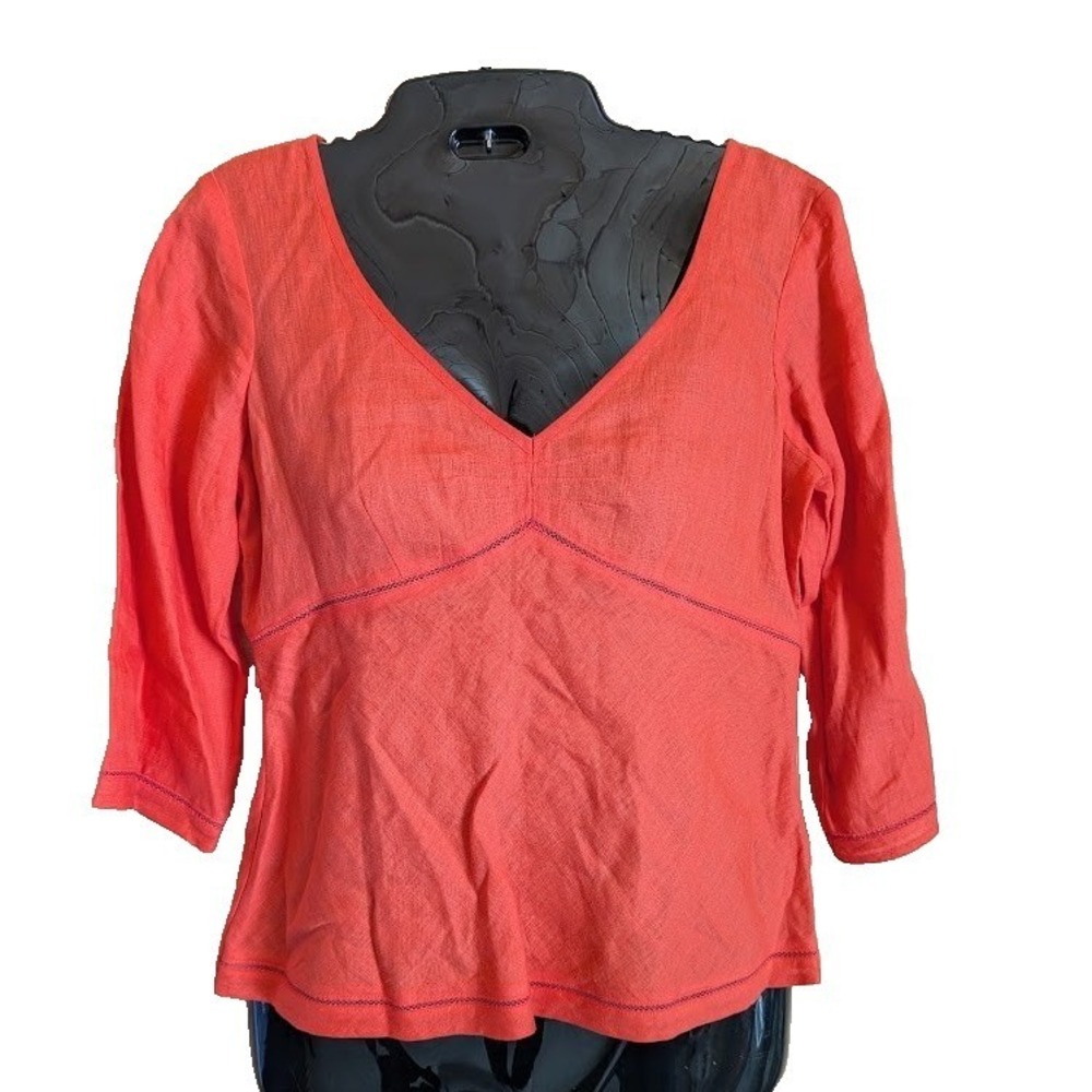 Women ANN TAYLOR Irish Linen Top 2P Orange Red 3/4 Sleeve Babydoll Waist Classic